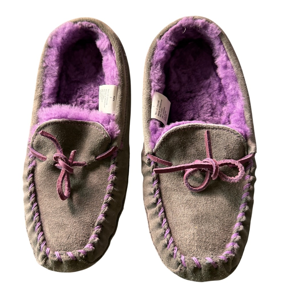 LL Bean Kids Wicked Good Moccasin Slippers Gray Purple Suede Size 5 296248